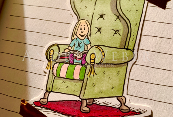 Kleines Mädchen sitzt auf Einen grünen Sessel auf einem roten Teppich und liest ein Buch, Kinderbuch, Letraset Tria, Faber Castell Artist Pen