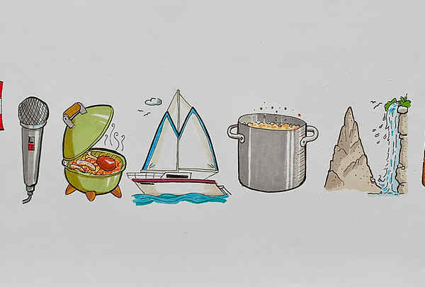 Illustration Sigmund mit USA, Flagge, Mikrofon, Webergrill, Segelschiff, Kochtopf, Berge und Wasserfälle und Brotlaib