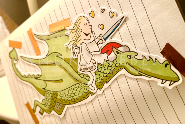 Letraset Tria, Faber Castell Artist Pen, Love Warrior, Frau mit Schwerter reitet auf Drachen, Hand illustriert, Wunsch Illustration