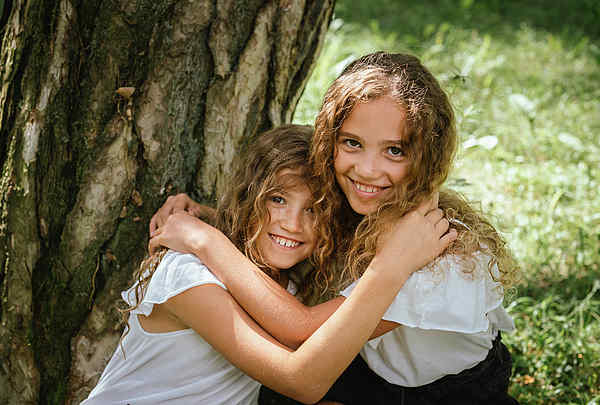 Zwei Kinder sitzen in einem Baum und umarmen sich. Zwillinge, der Geschwister, Kinderportrait