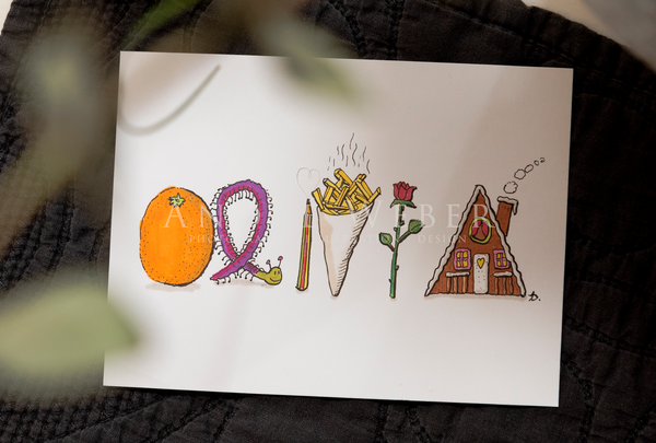 Orangen Tausendfüßler Bleistift Pommes Rosen Lebkuchen Haus, Hand illustriert, Wunsch Namen