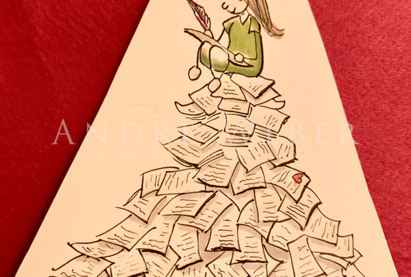 Mädchen sitzt auf einem Haufen beschriebenen Papier, Autor, Geschichten Schreiber, Geschichten Erzähler, Hand illustriert Kinderbuch Illustrationen, Letraset Tria, Faber Castell Artist Pen