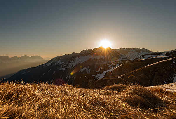 Sonnenaufgang im Gegenlicht in den Schweizer Alpen auf der Spitzmeilenhütte, Flumser Berg