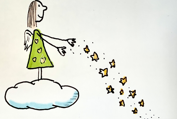 Engelstreut Sterne auf die Erde. Engel steht auf einer Wolke., Hand illustriert, Letraset Tria, Faber Castell Artist Pen