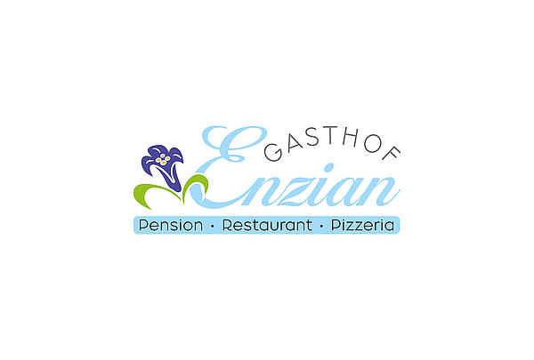 Logo Gasthof Enzian, Tannheim, Österreich, Himmelblauer Schriftzug mit Enzianblüte
