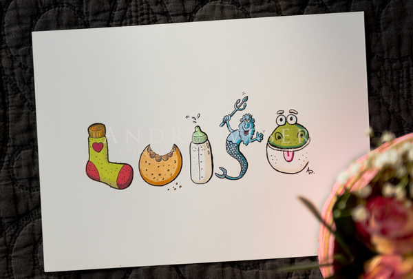 Luise, kindliche Karte mit einem Kindersocken einem angebissenen Keks und einer Kinder Babyflasche man sieht einen Wassermann und einen grünen Frosch